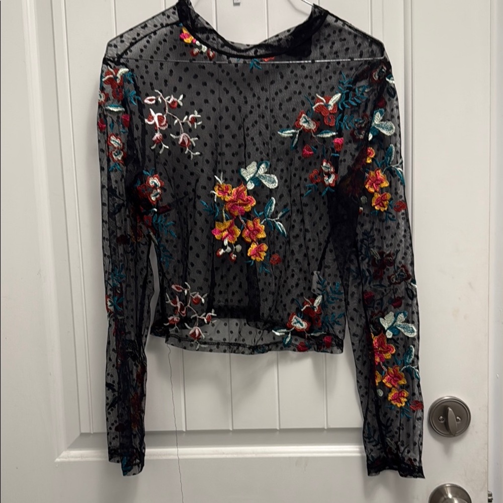 Floral Embroidered Sheer Black Top
